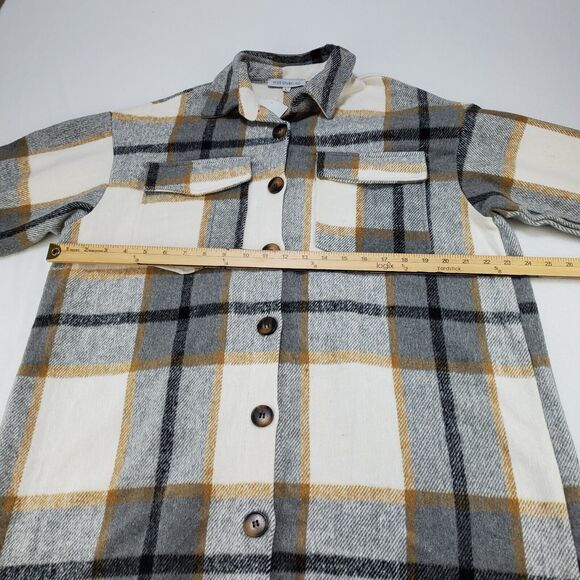 Miss Sparkling Shacket Coat Jacket Womens Large Flannel Long Plaid Tan Grey New - Picture 3 of 15
